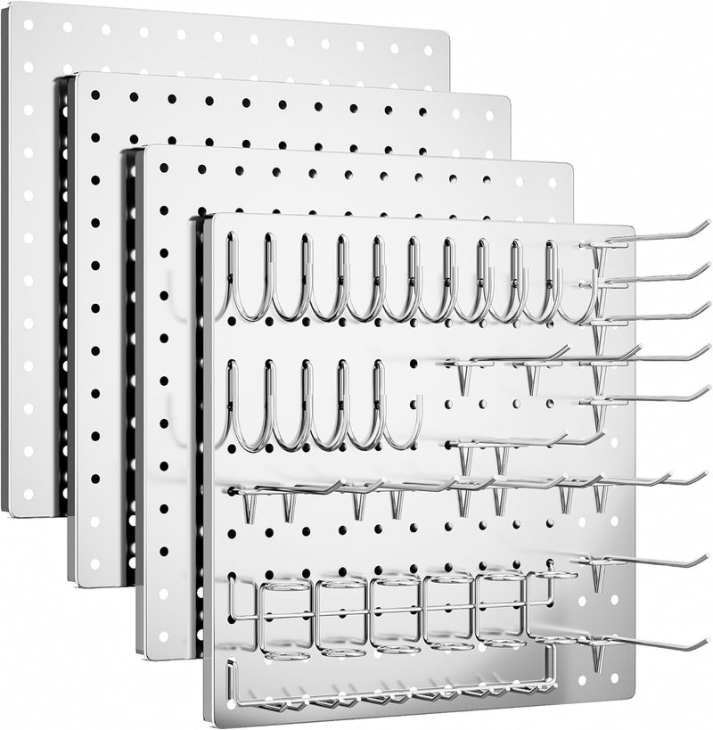 FZK Peg Board, 4 Pack Metal Pegboard Kit,Silver Pegboard Wall Organizer with 32 Pcs Hooks, Peg Board for Walls Home, Garage Tool Storage, Office Organization, Kitchen, Craft Room - Image 1